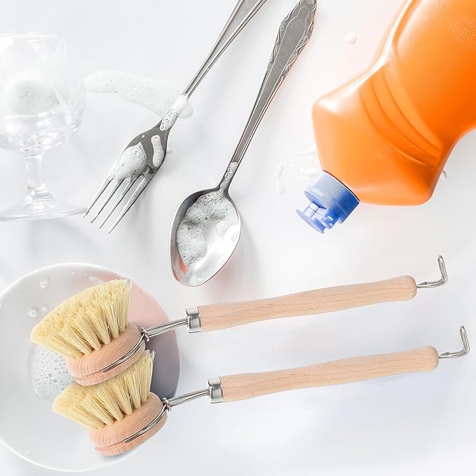 Maxdot 4 Pcs Kitchen Dish Brush with Beechwood Handle Natural Wooden Handle Scrub Brush Fiber Bristles Dish Scrub 2 Inch Replacement Brush Head for Pots Pans Utensils Washing Supplies