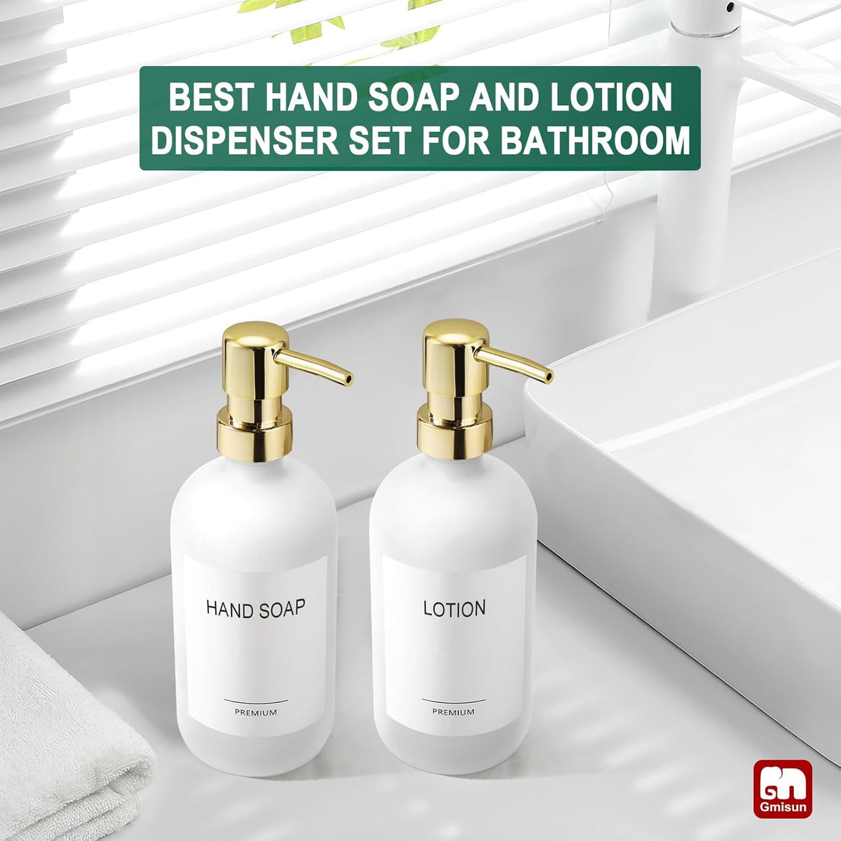 GMISUN White Soap Dispenser, 2 Pack Glass Hand Soap Dispensers Bathroom with Gold Pump, 17 Fl Oz Dish Soap Dispenser Set for Kitchen, Refillable Modern Liquid Soap and Lotion Dispensers Bottle