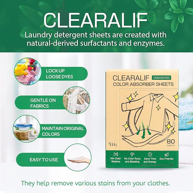 CLEARALIF All In One Laundry Kit. 80 Unscented Laundry Sheets, 7 oz Lavender Scent Booster, 80 Color Absorber Sheets