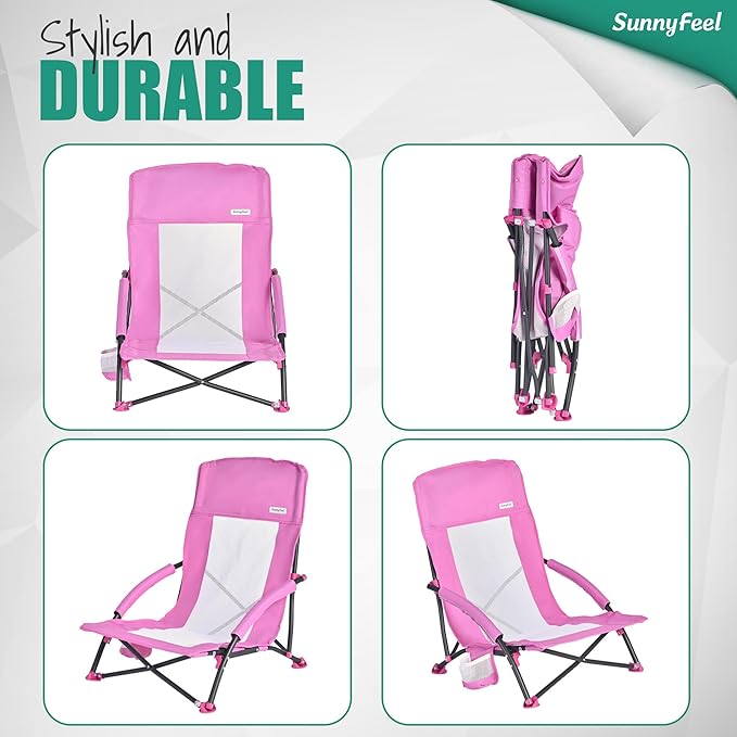 SUNNYFEEL Low Beach Chair for Adults, Lightweight Folding Sand Chair with Cup Holder & Shoulder Strap, Portable Camping Chair with Breathable Mesh Back for Beach, Concerts, Camping, Lawn & Travel