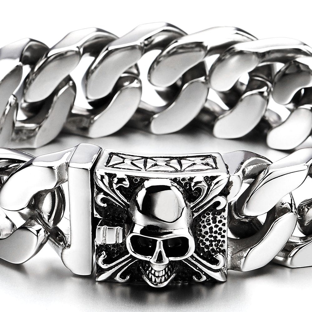 COOLSTEELANDBEYOND Mens Large Stainless Steel Curb Chain Bracelet with Fleur De Lis and Skull, Polished, Biker Gothic