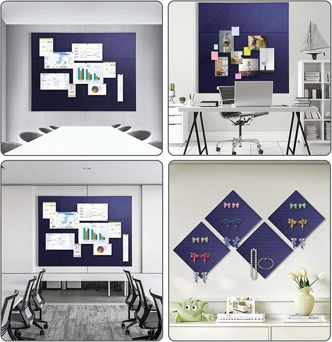 Large Cork Board for Walls 48"x 36", 12 Pack Felt Wall Tiles with Safe Removable Adhesive Tabs, Cork Board for Office,Pinboard Bulletin Board - Dark Blue
