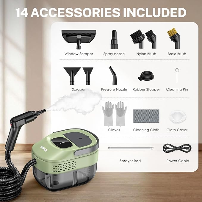 ODSD Steam Cleaner for Home & Car, 3-Level Adjustable Steamer for Cleaning, 15s Heat-Up & 1.6L Large Tank, Handheld Steam Cleaner for Car Detailing, Home, Tile, Grout, Furniture with 15pcs Accessories