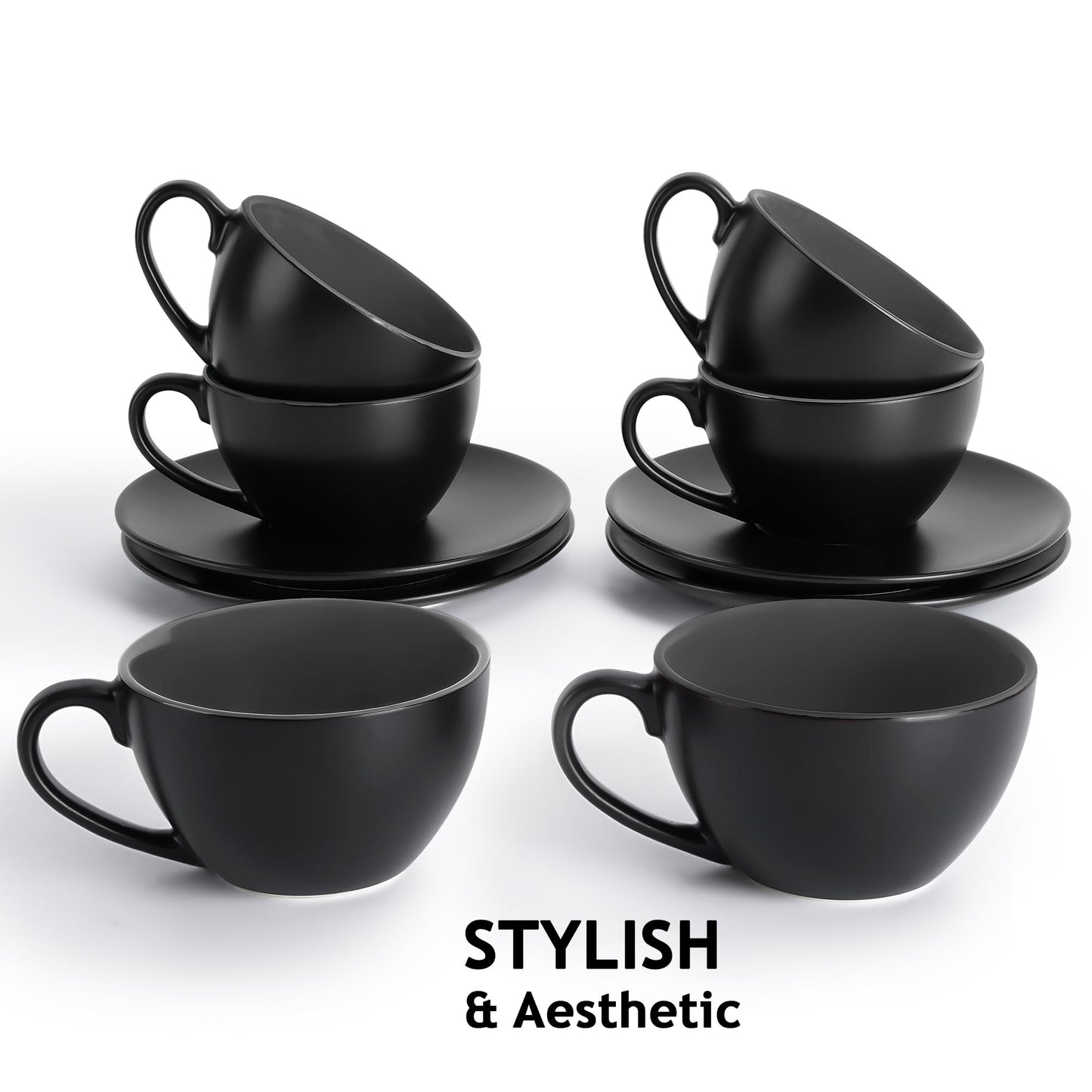MIAMIO - Set of 6, Ceramic Stackable Cappuccino Cups Set / 6 Ounce Cappuccino Mugs and Saucer with Metal Stand for Coffee Drinks, Cafe, Latte, Americano and Tea - Le Papillon Collection (Black)