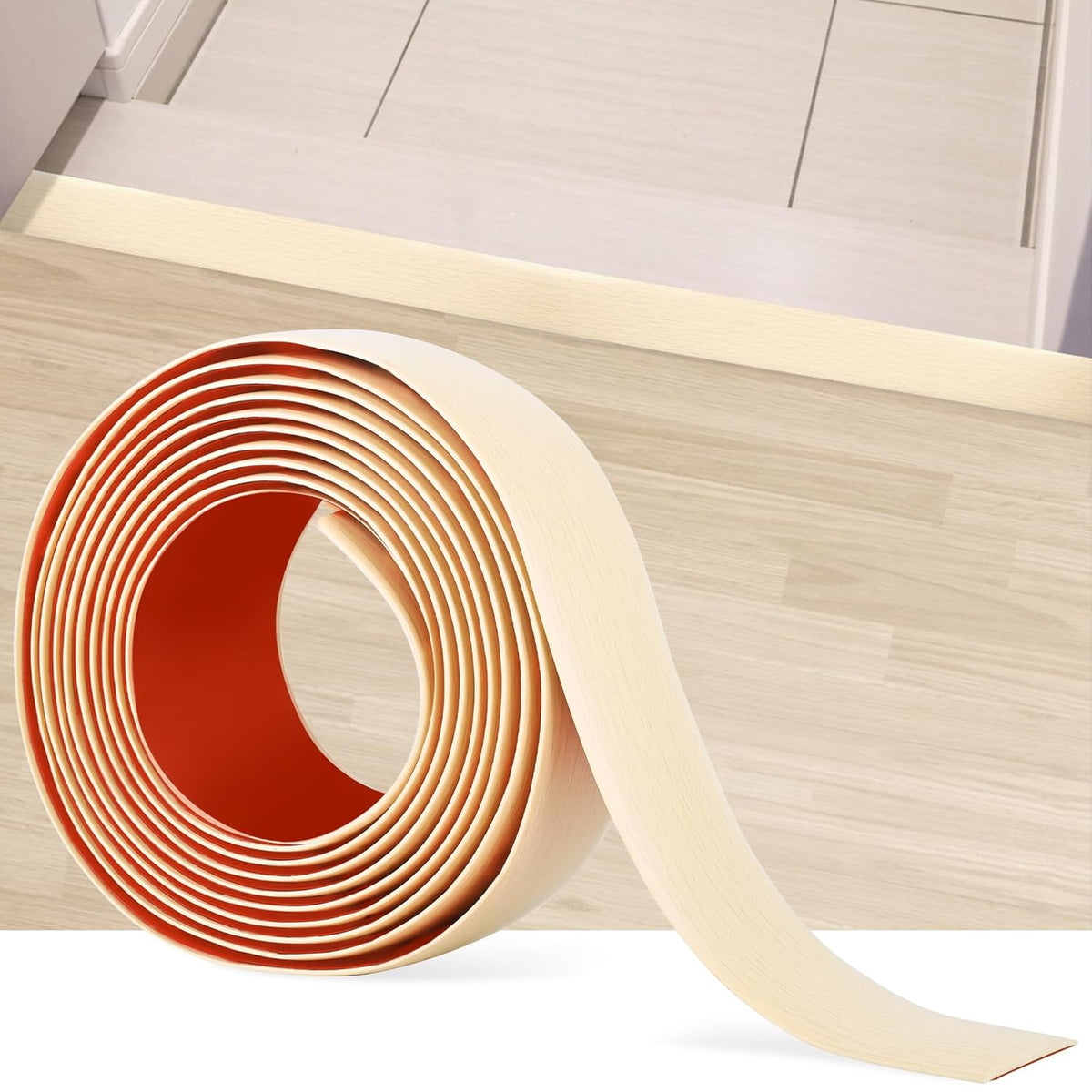 5Ft Floor Transition Strip Self Adhesive Vinyl Cover Floor Strip Flat Divider Transition Strip Wood Grain Design for Laminate Floor Gaps and Doorway Transitions (5Ft x 2 Inch, Beige)