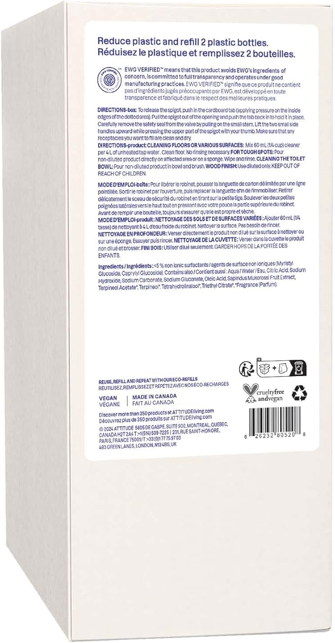 ATTITUDE Floor Cleaner Refill, EWG Verified, Streak-Free, Vegan & Plant-Based for Tile, Wood & Laminate Floors, Citrus Zest Scent, 67.6 Fl Oz (Pack of 4)