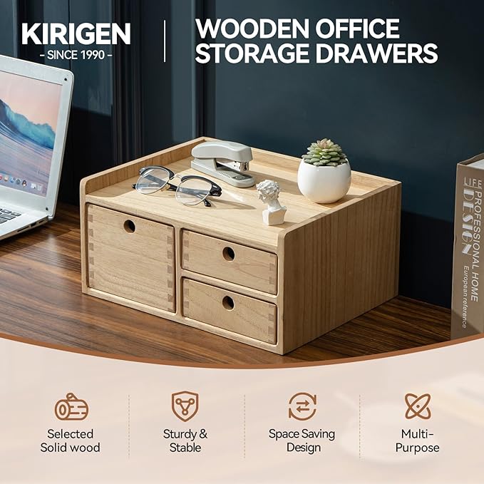 KIRIGEN Desk Organizer with 3 Drawers - Wood Drawer Storage Box with Trays for Tabletop - Workspace Office Toiletries Supplies Tool Caddy - Wooden Storage Cabinet Natural(DT1D3C-NA)