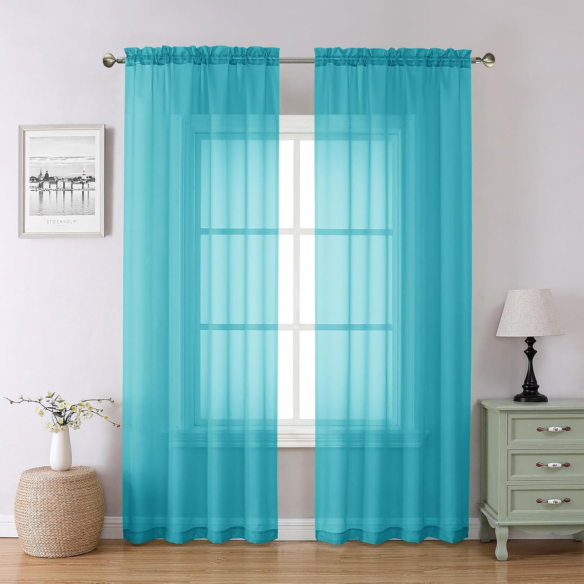 Chyhomenyc Turquoise Sheer Curtains 78 Inches Long 2 Panels Set for Living Room, Light Filtering Voile Lightweight Bedroom Curtains, Rod Pocket Solid Window Treatment Drapes, Each 42W x 78L