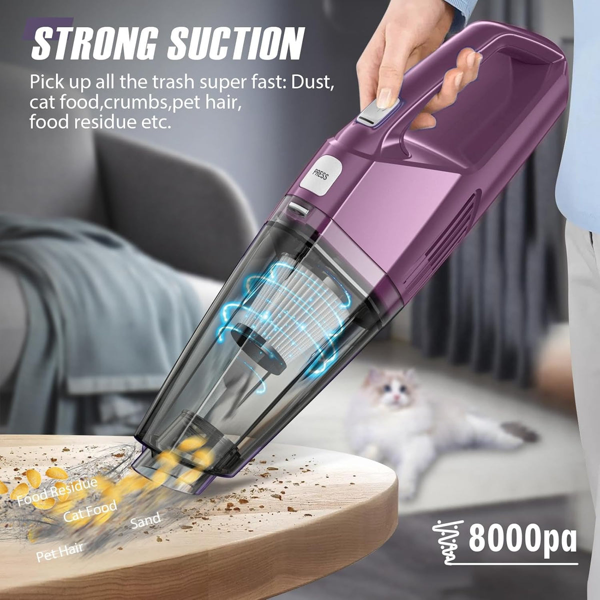 Handheld Vacuum Cordless – Car Vac Portable with 8KPA & Multi Accessories & Low Noise, Lightweight Hand Held Vacuum Cordless Rechargeable for Car/Home/Dust/Pet Hair, Mine Portable Vacuum