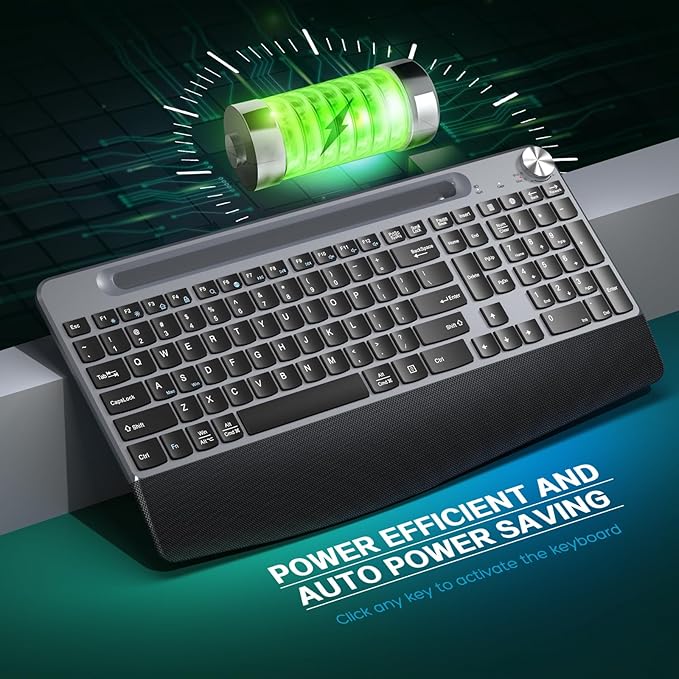 Ergonomic Wireless Keyboard with Wrist Rest-Low-Profile,Phone/Tablet Holder,Quiet Design,Windows & Mac OS,Full Size Cordless USB Computer Keyboard for Desktop,Laptop, PC, Mac, Windows-Black