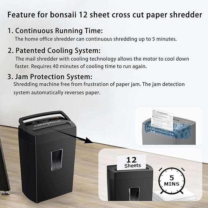 Bonsaii 12-Sheet Cross Cut Paper Shredder, P-4 High Security, Shreds Paper, Credit Cards, Staples, Clips, CDs, 5.5 Gal Home Office Heavy Duty Shredder with Transparent Window, Black