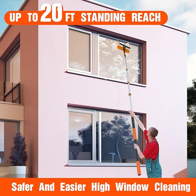 20FT Window Squeegee with Extension Pole, 2-in-1 Squeegee for Window Cleaning, Professional Cleaning Kit for Home with 12FT Telescoping Pole for Outdoor Indoor Use