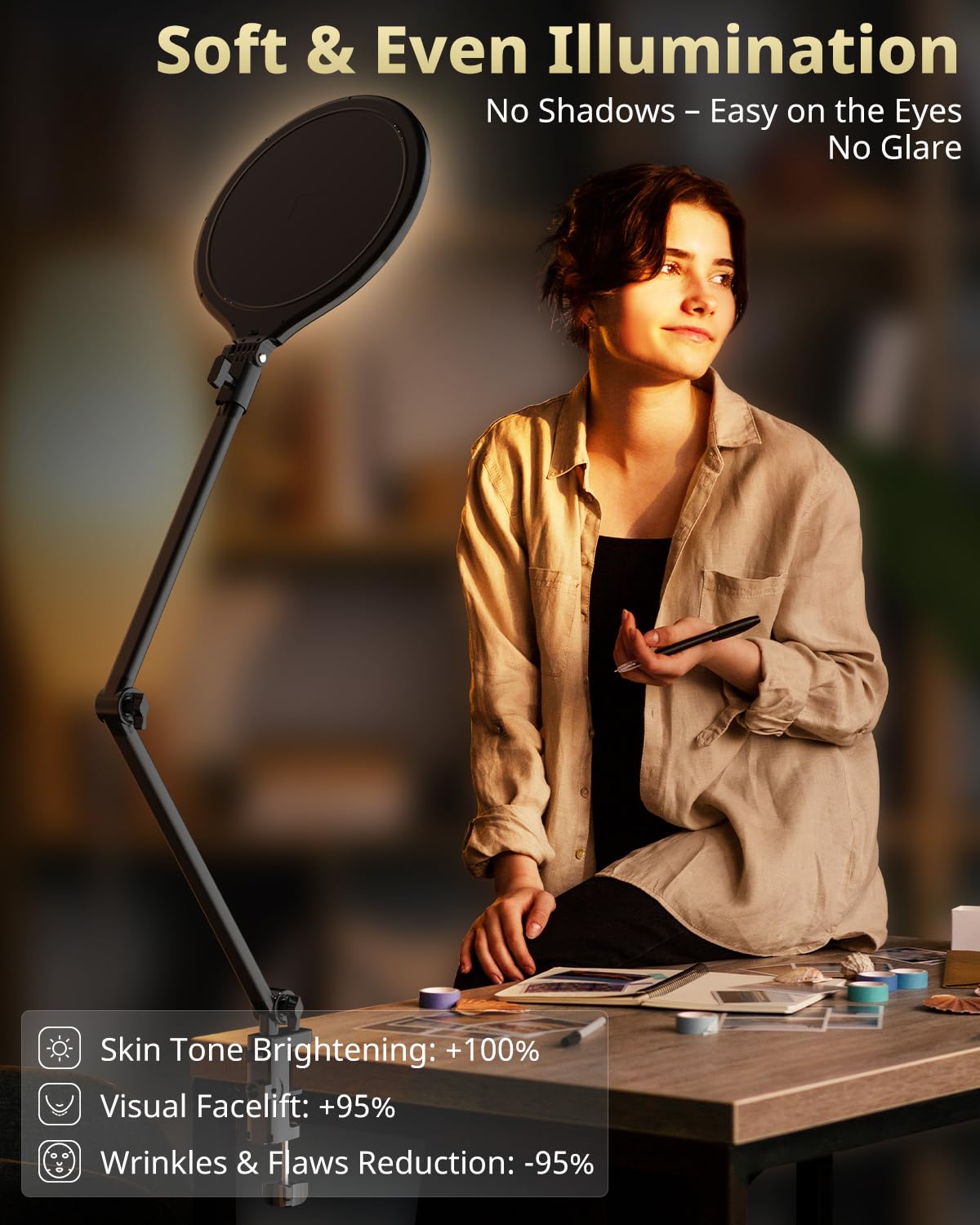UBeesize 10" Key Light for Streaming, Desk Ring Light with Adjustable Arm (1 Pack), Zoom Lighting for Home Office, Gaming, Podcast, Video Calls, and Recording