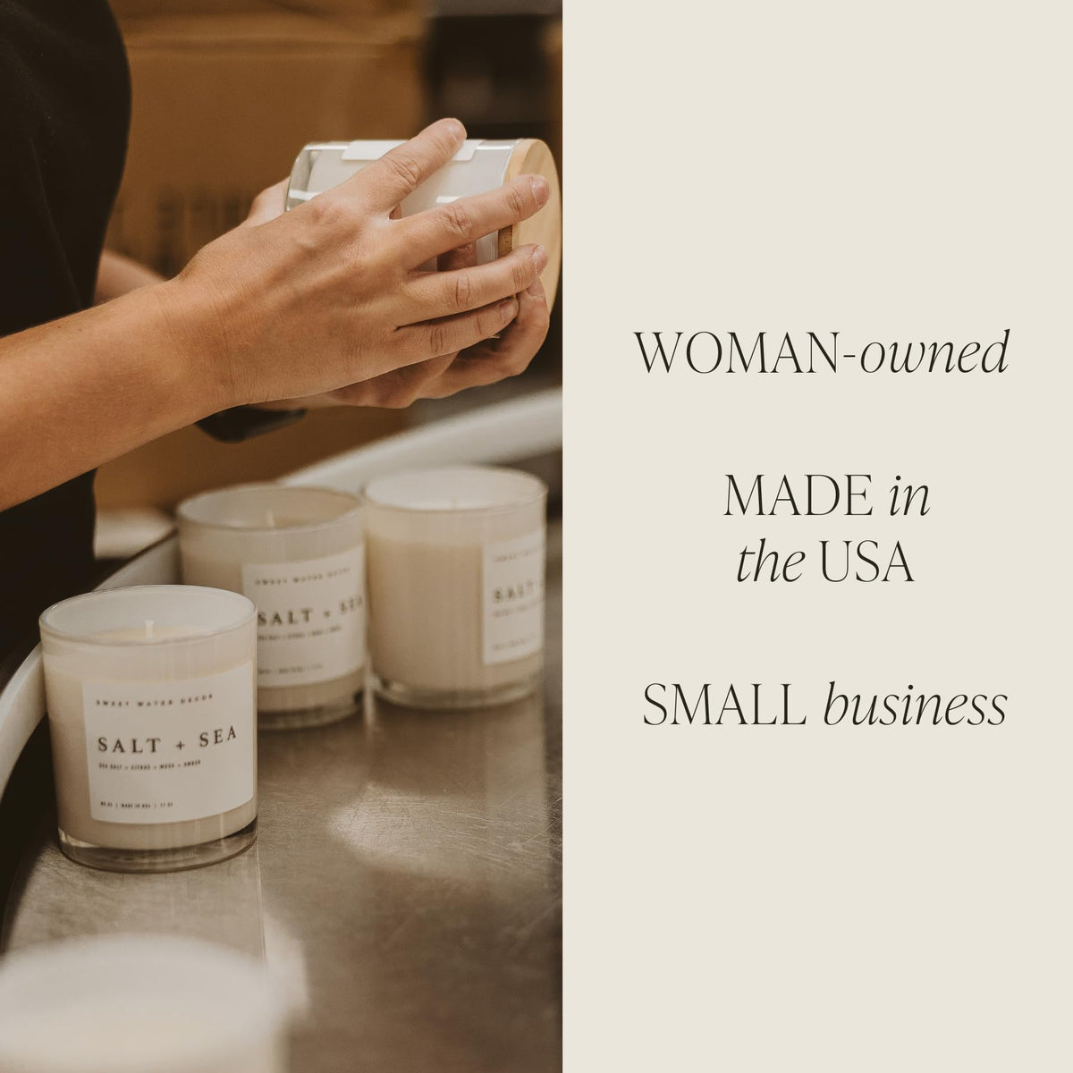 Sweet Water Decor Salt and Sea Candle - Sea Salt, Citrus, Amber, Musk, Beach Scented Soy Candles for Home - 11oz White Glass Jar + Wood Lid, 50+ Hour Burn Time, Made in the USA