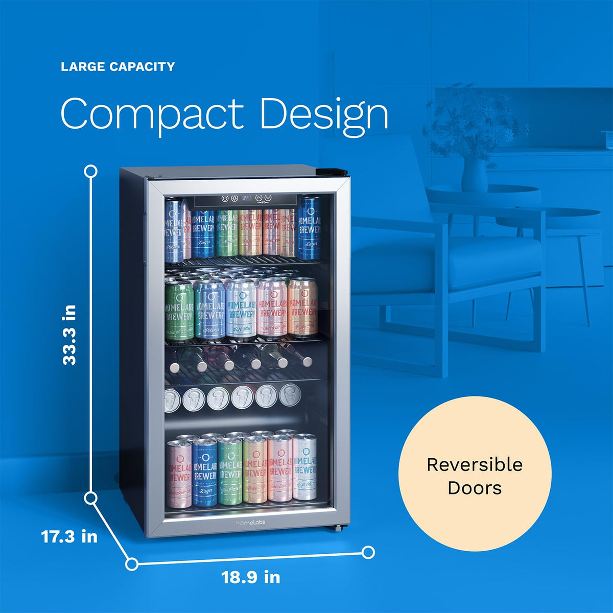 hOmeLabs Beverage Refrigerator and Cooler - Mini Fridge with Glass Door for Soda Beer or Wine - 120 Cans Capacity - Small Drink Dispenser Machine for Office or Bar with Adjustable Removable Shelves
