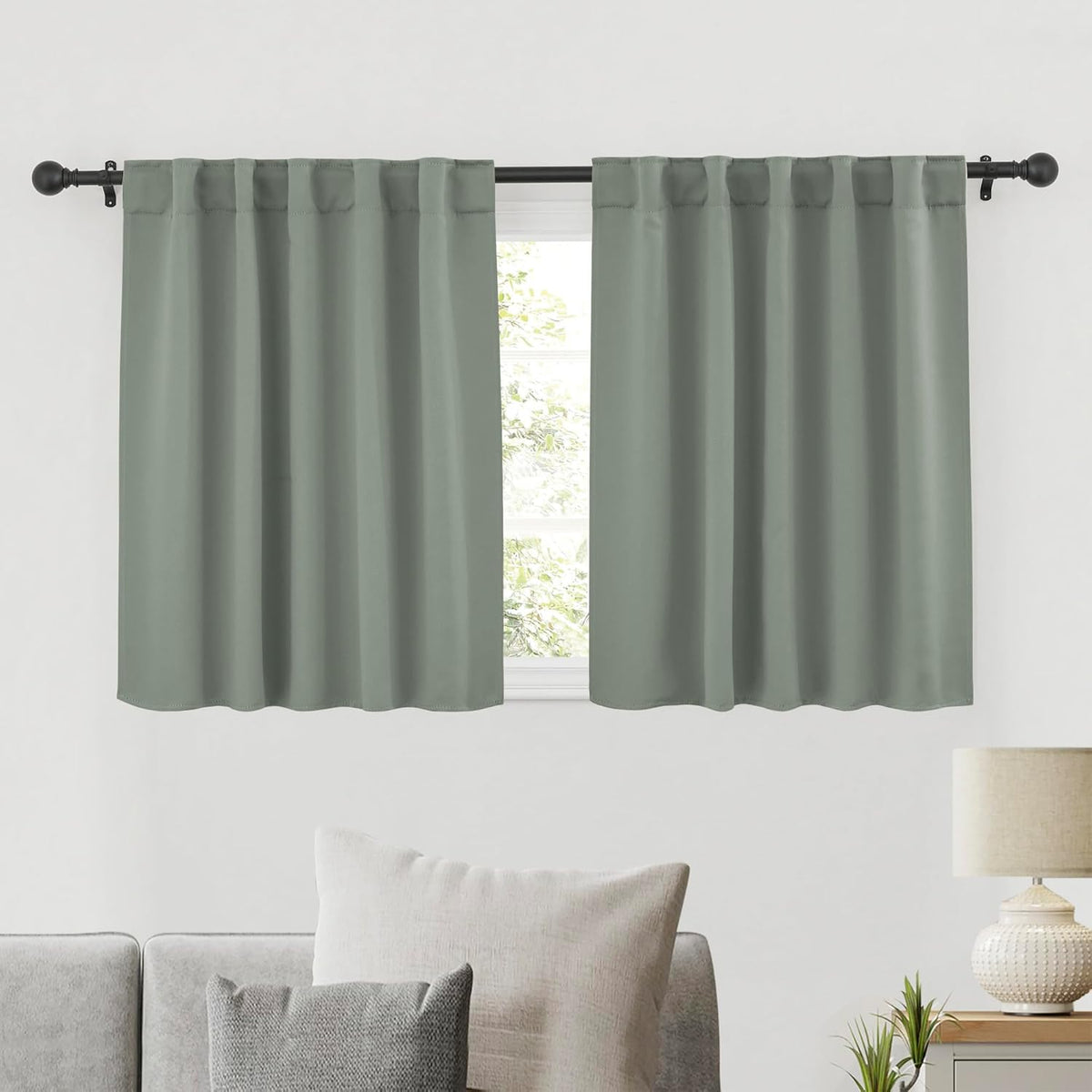 RYB HOME Short Curtains for Bedroom Kitchen, Vertical Room Darkening Drapes Thermal Insulated, Sage Green Curtains for Small Window Classroom Office, W42 x L30 Inches, 2 Panels