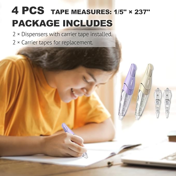 Refillable Retractable White Correction Tape, White Smooth Pull Out Correction Tape with 2 Extra Refills, Cute Correction Tape for Office Supplies, 4 PCS (CS-26)