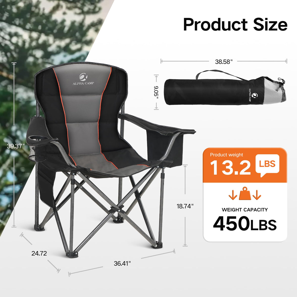 ALPHA CAMP Folding Camping Chair for Adults, Oversized Heavy Duty Lawn Chairs with Cooler Bag, Cup Holder & 600D Oxford Fabric, Folding Chairs for Outside Support 450 LBS,Outdoor Chair 2 Pack