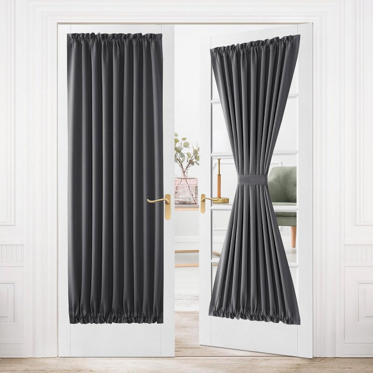 DWCN French Door Curtains â Rod Pocket Thermal Blackout Curtain for Doors with Glass Window, Kitchen and Patio Doors for Privacy, 36 X 80 Inches Long, 1 Curtain Panel with Tieback, Dark Grey