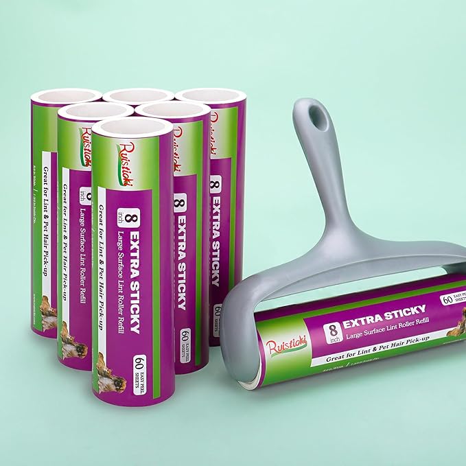 8 inch Large Surface Roller Refill Compatible with Scotch-Brite Pet Hair Pickup Extra Sticky Large Lint Roller Replacement 60 Easy-Tear Adhesive Sheets per Refill Pack of 6 Rolls 360 Sheets Total