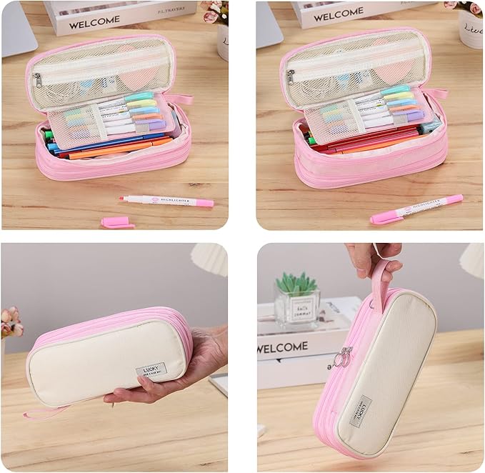 Big Pencil Case Zipper Pencil Pouch Organizer Large Capacity Pen Bag with Handle Portable for Girls Kids Adults Gift Pen Case for School Home Office Light-pink
