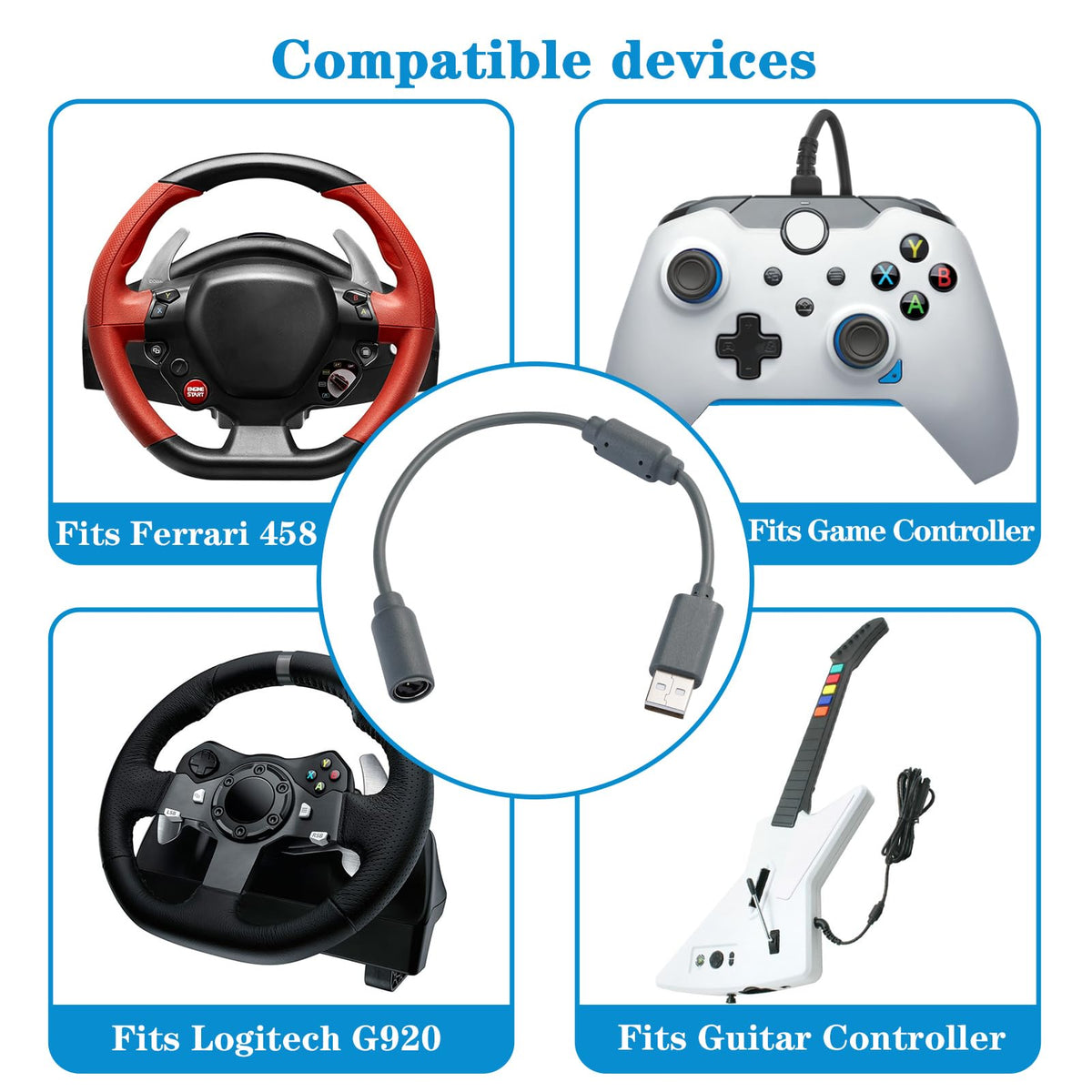 CSDWELL USB Breakaway Cable for Logitech G920 G923 G27 G29 Driving Force & Thrustmaster Ferrari 458 Spider Racing Wheel Cord, Guitar Hero & Xbox USB Plug