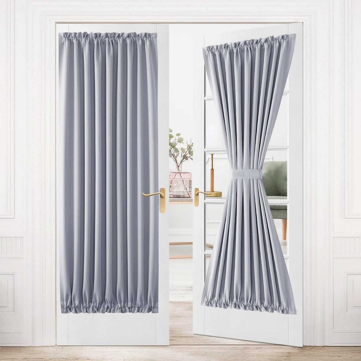 DWCN French Door Curtains â Rod Pocket Thermal Blackout Curtain for Doors with Glass Window, Kitchen and Patio Doors for Privacy, 54 X 72 Inches Long, 1 Curtain Panel with Tiebackï¼Silver Grey