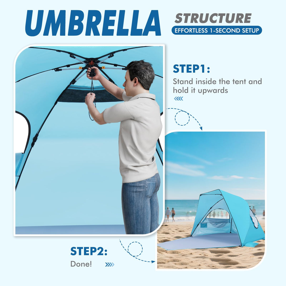 Elegear Beach Tent with Canopy 4-6 Person, 1-Second Umbrella-Style Setup Pop Up Sun Shelter Shade, UPF 50+ UV Protection Four-Layer Silver-Coated Lightweight Portable Beach Cabana - Aqua Blue