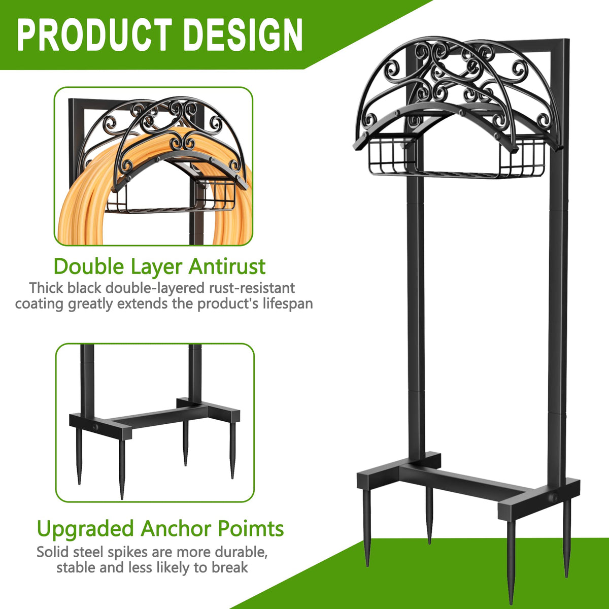Gayuteay Garden Hose Holder - Upgraded Water Hose Holder Holds 151-feet Hose, Heavy Duty Metal Hose Stand Sturdy Freestanding Hose Hanger, Detachable Garden Hose Storage Rack for Outside Yard Lawn
