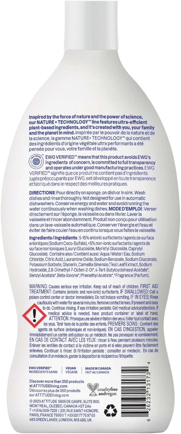 ATTITUDE Dish Soap, EWG Verified, Plant-Based & Vegan Dishwashing Liquid, Naturally Derived, Wildflowers Scent, 23.7 Fl Oz