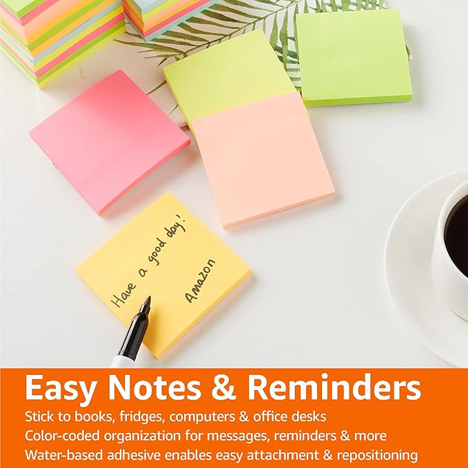 Amazon Basics Square Sticky Notes, Office Supplies for Desk, 3-x-3-inch, 24-Pack, Assorted Colors