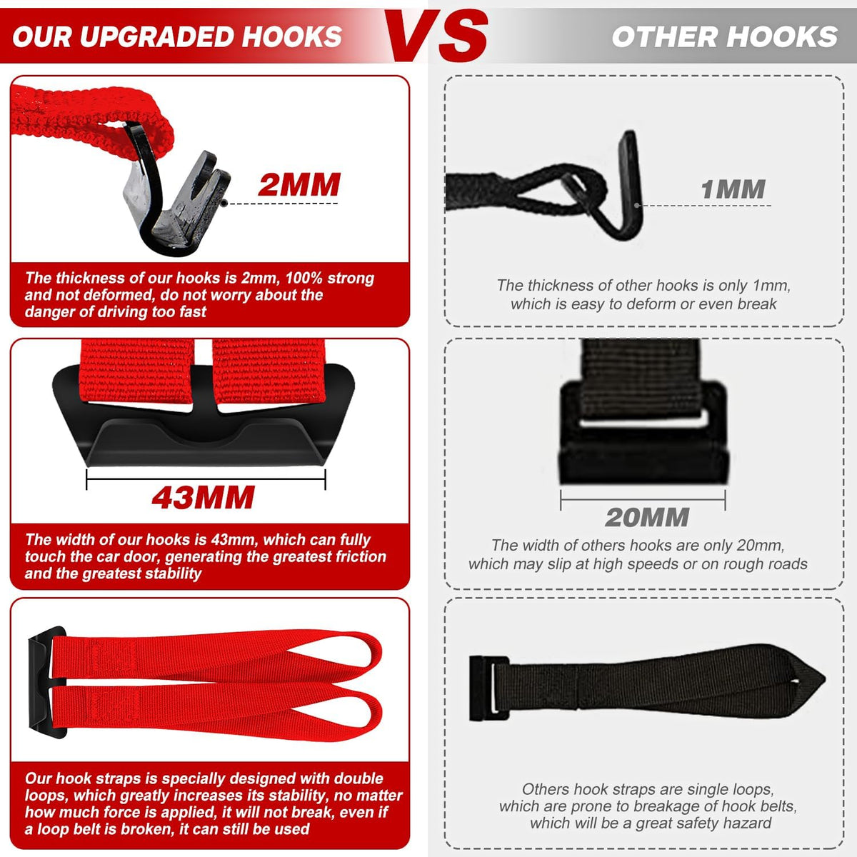 6 Rooftop Cargo Tie Down Hook Straps-Secure Any Car Roof Bag, Roof Rack Cargo Carrier,or Car Top Carrier,Durable and Solid, No Roof Rack Required, Compatible with Most Cars - Registered Patent (red)
