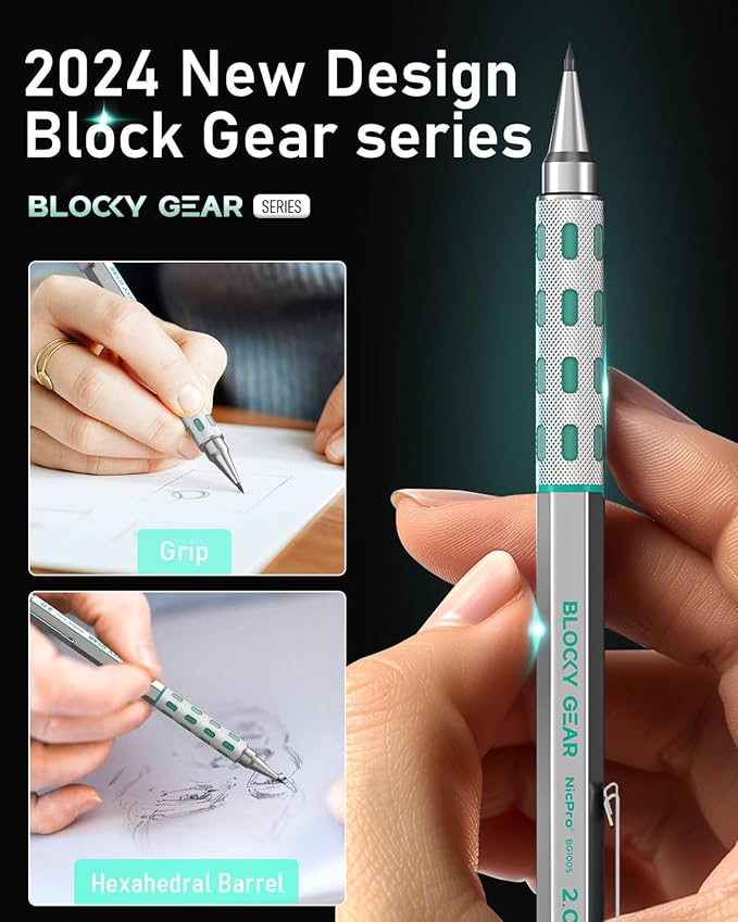 Nicpro Blocky Gear 2mm Metal Mechanical Pencils Set with Case, Drafting Pencil with 6 Tubes 2mm Lead Refill (HB 2B 2H 4B 4H & Colors) Sharpeners, Erasers for Artist Art Writing Drafting Drawing