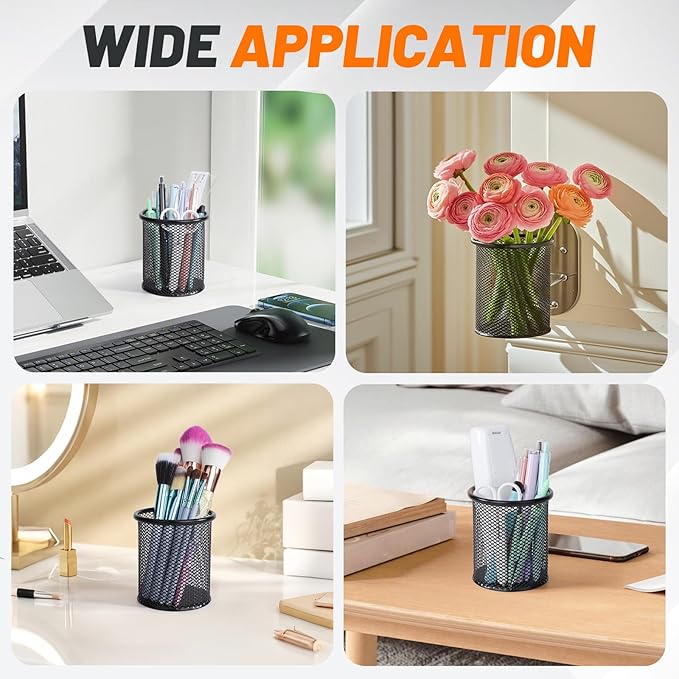 Segarty Pen Cup Holder for Desk, 12 Pack Black Pencil Holder, Round Wire Mesh Pen Container Set for Office Supply, School Classroom, Home Desktop Accessories, Makeup Brush Organizer