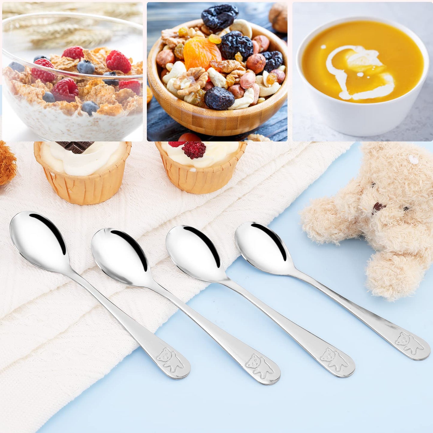 Erinnmy 24 Piece Kids Spoons, 6.5 inch Stainless Steel Silverware, Child & Toddler Safe, Baby Self Feeding Spoons, Dishwasher Safe