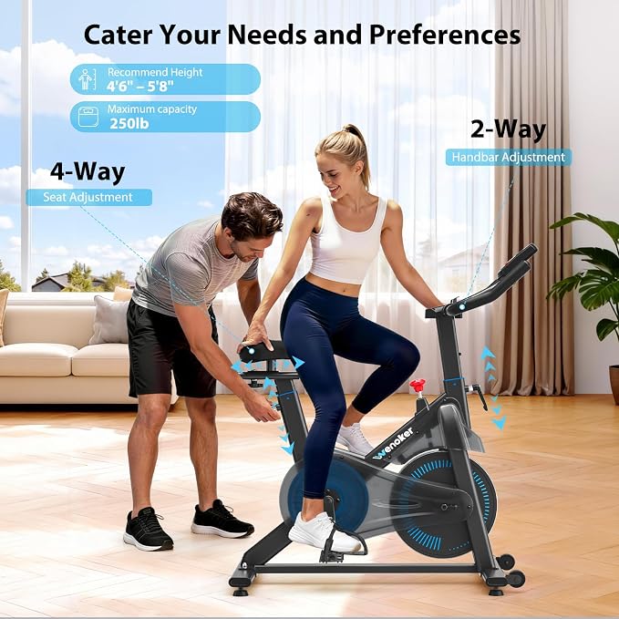 Exercise Bike, Wenoker Magnetic Stationary Bike for Home App Sync Indoor Bike with Adjustable Seat and Handlebar, Transport Wheels and Fitness Courses for Weight Loss