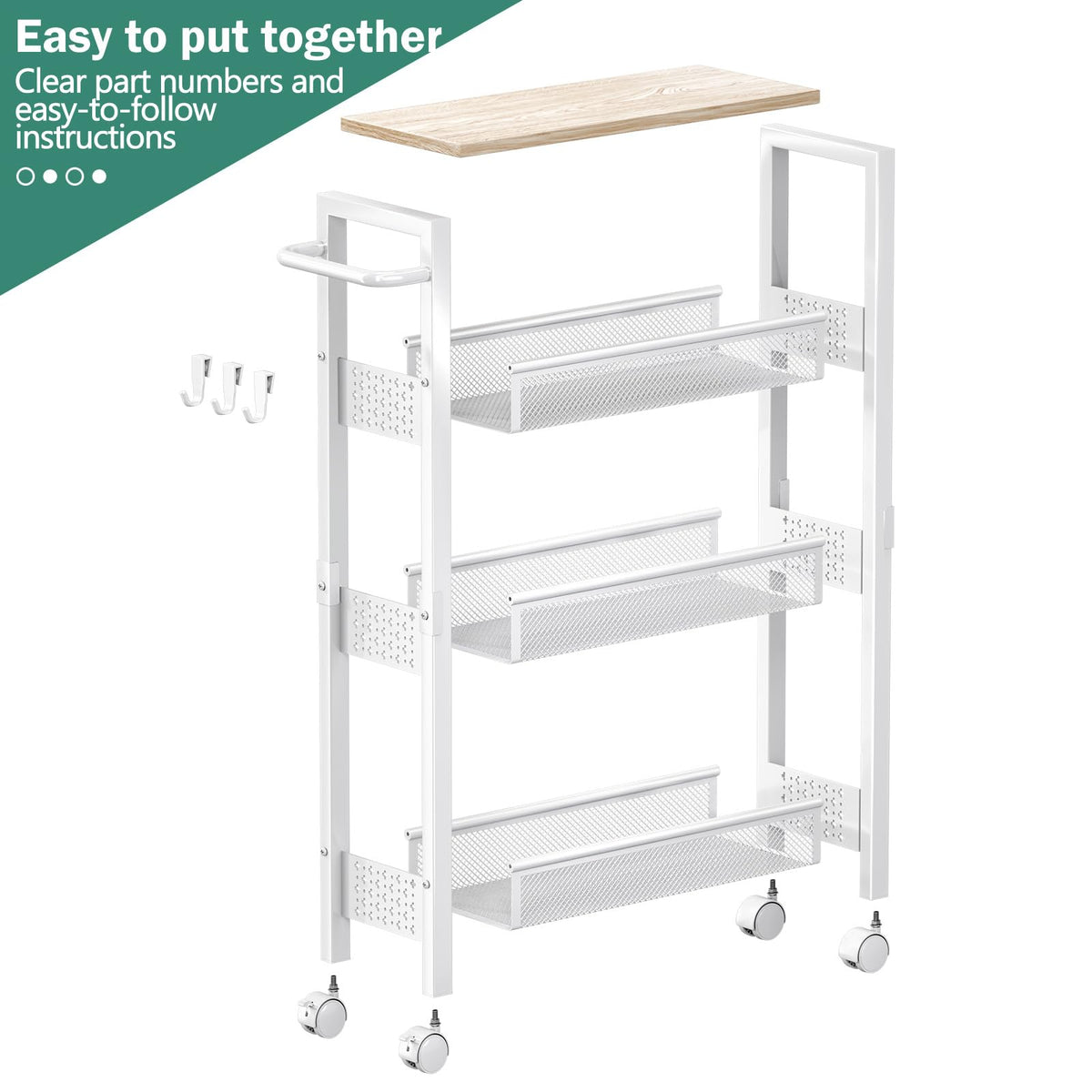 Vivihomety Utility Slim Storage Cart, 4 Tier Small Rolling Kitchen Laundry Room Cart with Wood Top, Metal Bathroom Storage Cabinet Mobile Shelf Unit Organizer Trolley with Handle for Narrow Space