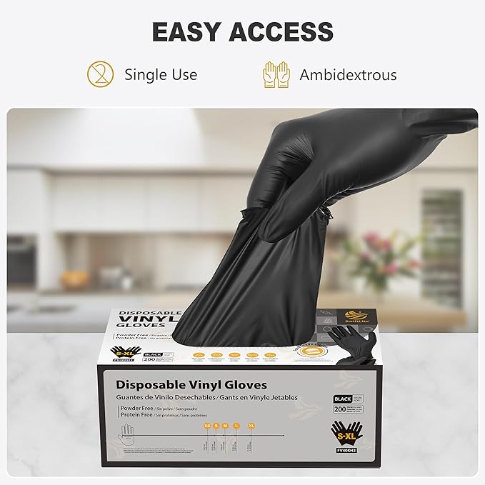 Black Vinyl Gloves, Food Grade Gloves Disposable Latex Free & Powder Free, Guantes for Cleaning Cooking Food Prep