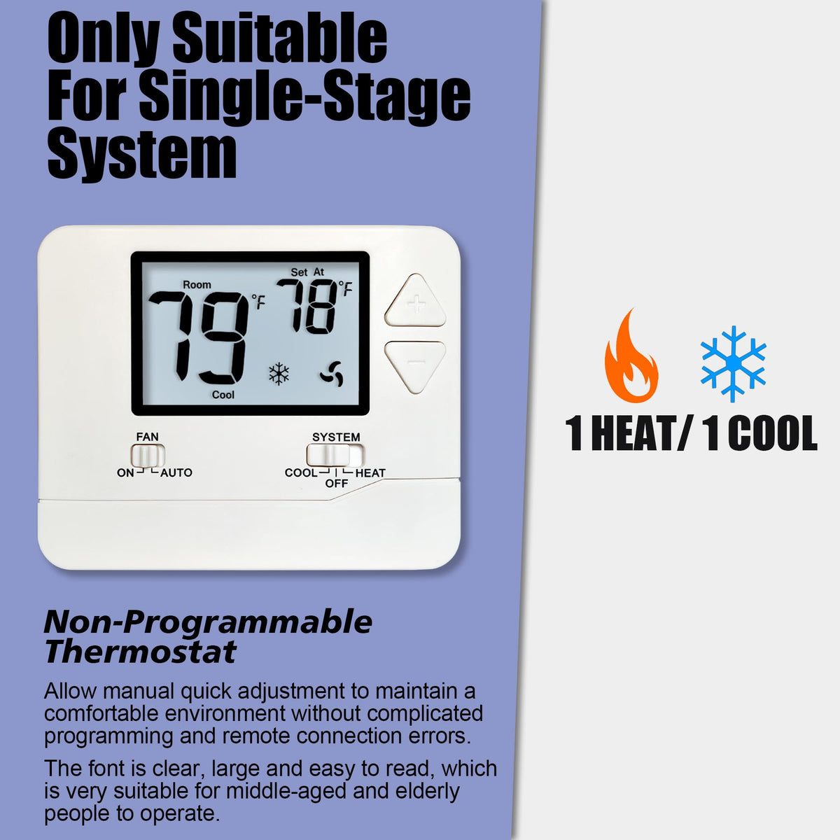 Heagstat Non-Programmable Thermostats for Home Conventional Single-Stage Systems, up to 1 Heat/ 1 Cool (with White Backlight)