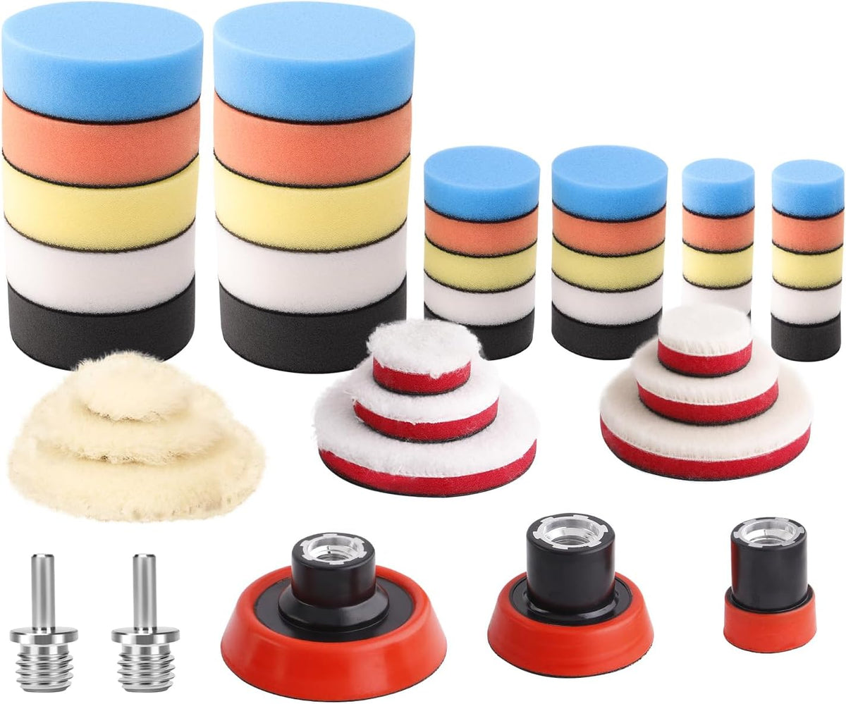 Car Foam Drill Polishing Pad Kit, 44Pcs 1inch 2inch 3inch Detail Polishing Buffing Pad Mix Size Car Detailing Kit with 5/8-11 Thread Backing pad & Adapters for Buffer Polisher Polishing, Buffing