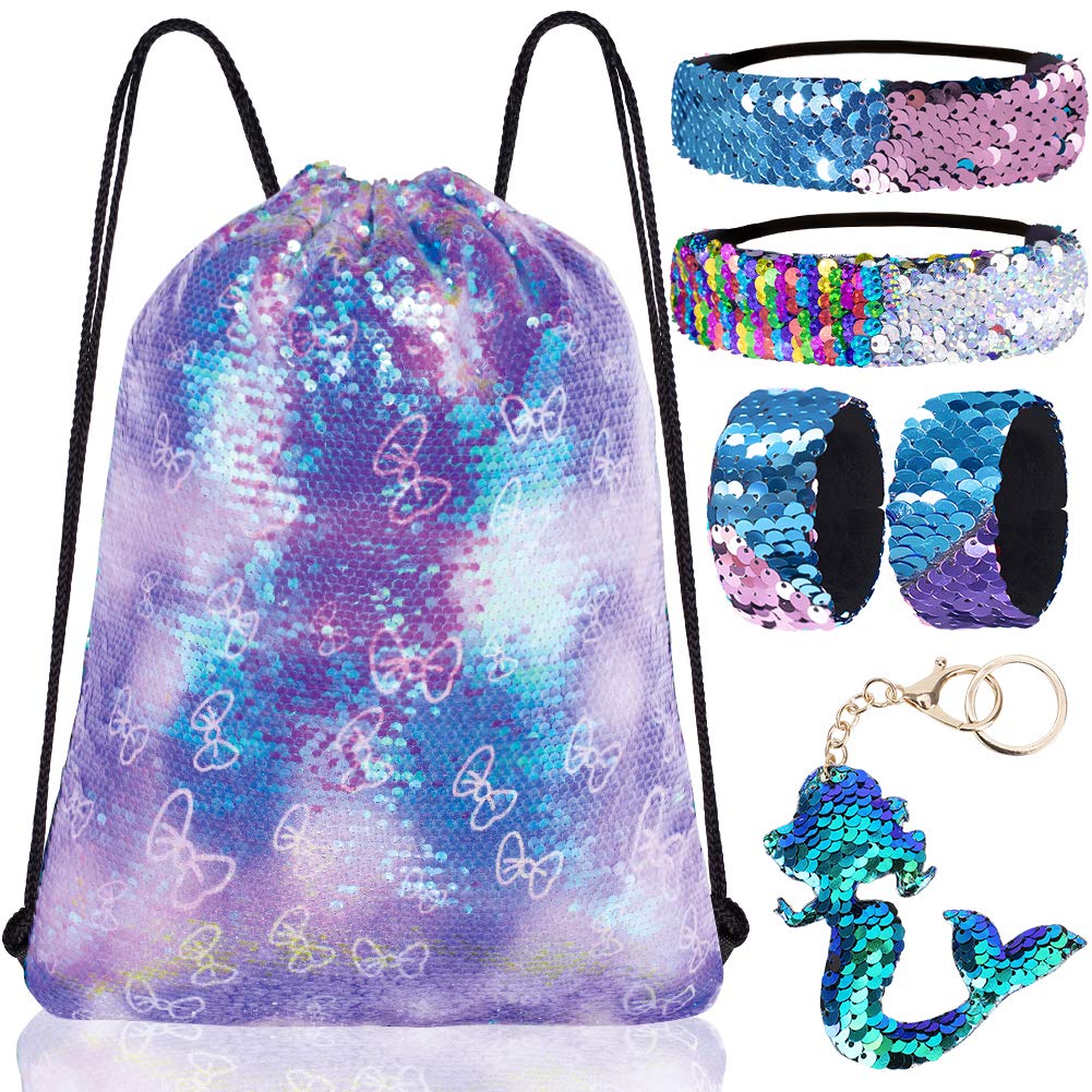 Mermaid Reversible Sequin Drawstring Backpack/Bag Clear Iridescent Sequin+ Butterfly Shape Spotted Purple Fabric for Kids Girls One_Size