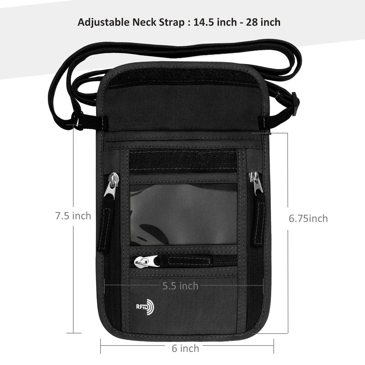 WALNEW Passport Holder Neck Pouch Travel Wallet for Women and Men, RFID Blocking Security Slim Traveling Wallet with Around Neck Lanyard Strap, Black