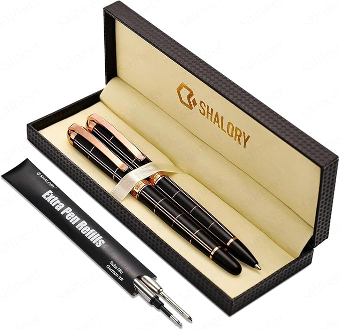 2PCS Rollerball & Ballpoint Pen Set Rolling Ball Pens Liquid Ink Wirting Pen with Extra 2 Refills, Fine Point, 0.7mm, Black Ink