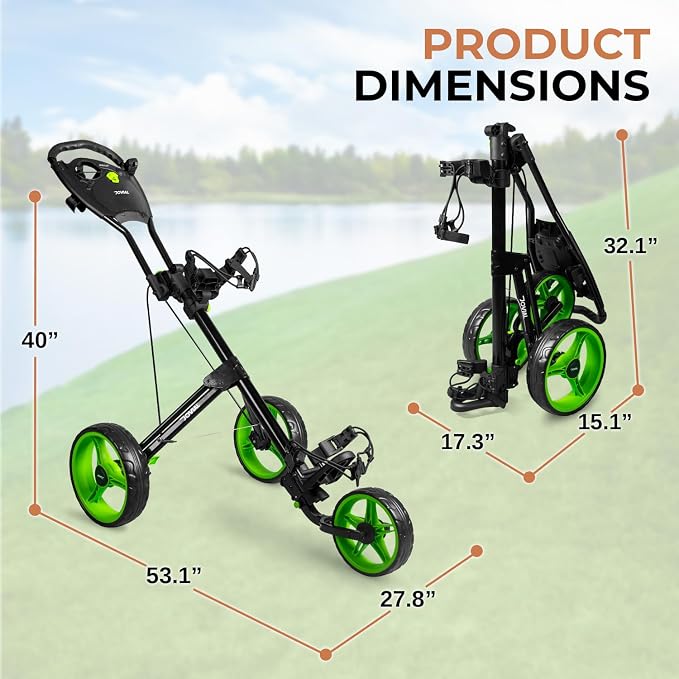 JOVIAL Foldable 3 Wheel Junior Golf Push Cart, Lightweight Aluminum Pull Cart with Deluxe Scorecard Holder, Adjustable Handle, Quick Brake System, Compact Folding Golf Trolley with Strap Support