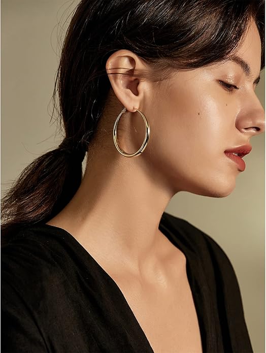 EXGOX Sterling Silver Hoop Earrings - Hypoallergenic, Lightweight, Chunky, 14K Real Gold Plated, Big Large Hoops for Women