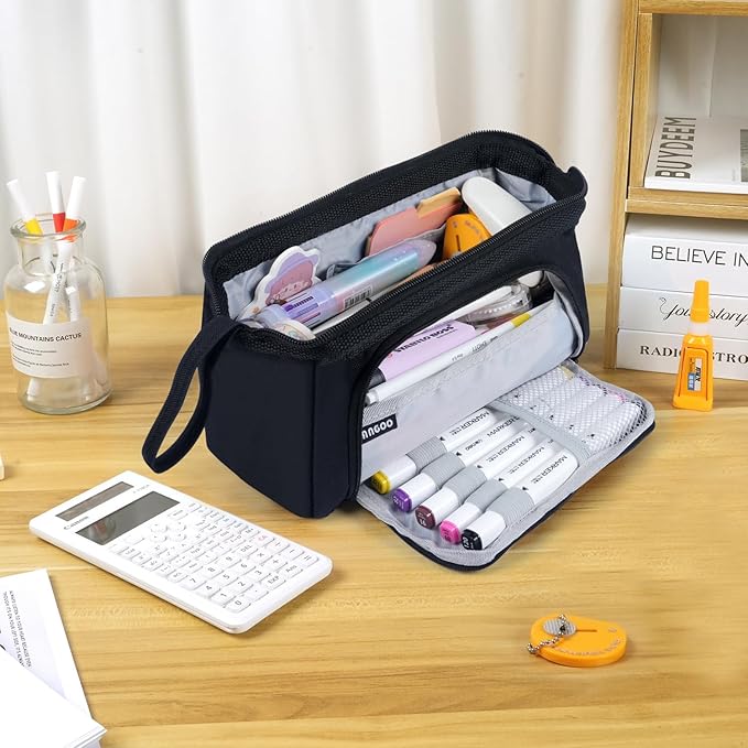 Pencil Case Pouch Large Capacity with Compartments, Pencil Case Pouch Bag with Zipper Handle for Teen Girls Boys Adults Women Men, Portable Pen Bag Stationery Organizer for Office School Travel, Black