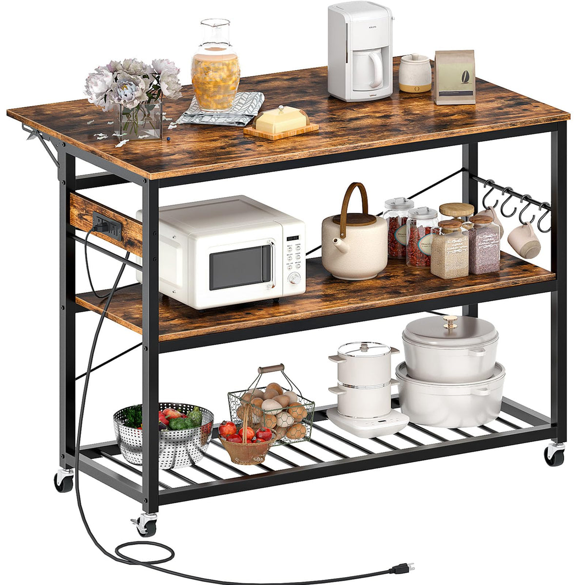 CHOEZON Kitchen Island with Power Outlet and Folding Top, Movable with 3-Tier Storage, Large Size, Wooden Shelves and Wine Rack, for Kitchen, Dining and Living Room, Rustic Brown and Black TZD02UBF