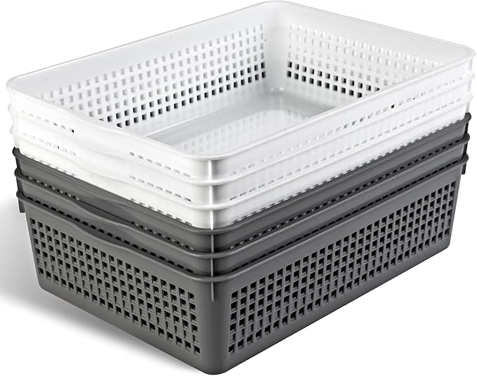A4 Size Plastic Storage Basket,Desktop File Paper Letter Organizer Tray, 6-Packs (White+Grey)