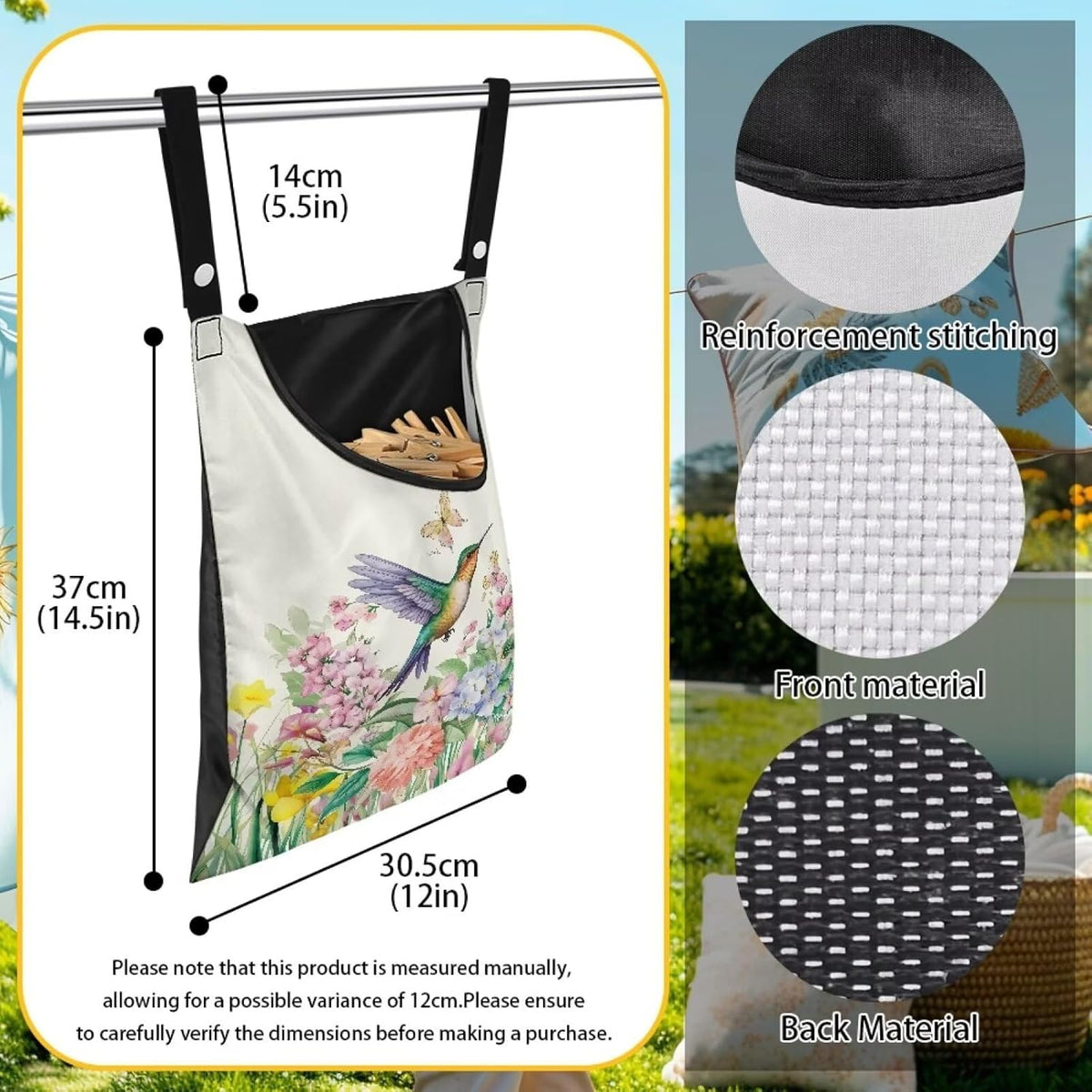 Hummingbird Handy Clothespin Bags Floral Space-Saving Clothespin Storage Hanger Bag, Hanging Storage Organizer with Hanging Rope for Home Outdoor Supply