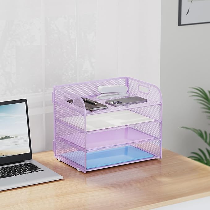 Marbrasse 4 Tier Paper Organizer Letter Tray - Mesh Desk File Organizer with Handle, Paper Sorter Organizer for Letter/A4 Office File Folder Holder (Purple, 12.6" x 9.1" x 10.7")